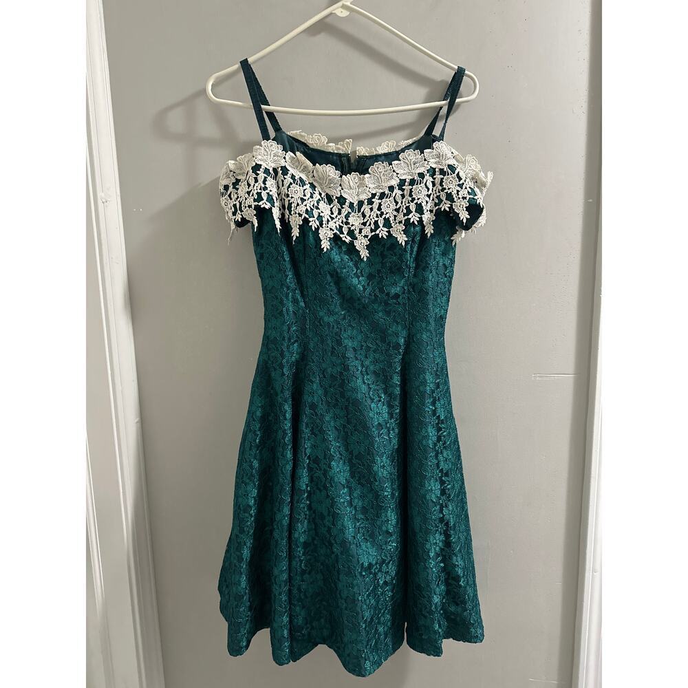 🔴Vintage Prom Dress Size 7 Notorious 80s 90s Teal Lace Short Formal‎